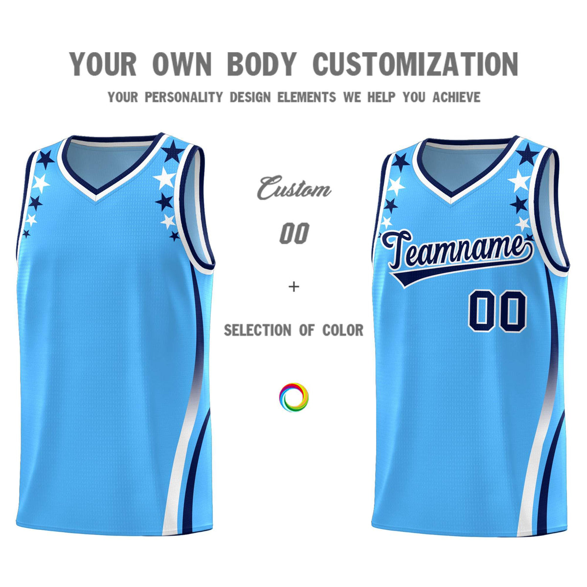 Custom Light Blue Shoulders Star Pattern Side Color Block Sports Uniform Basketball Jersey
