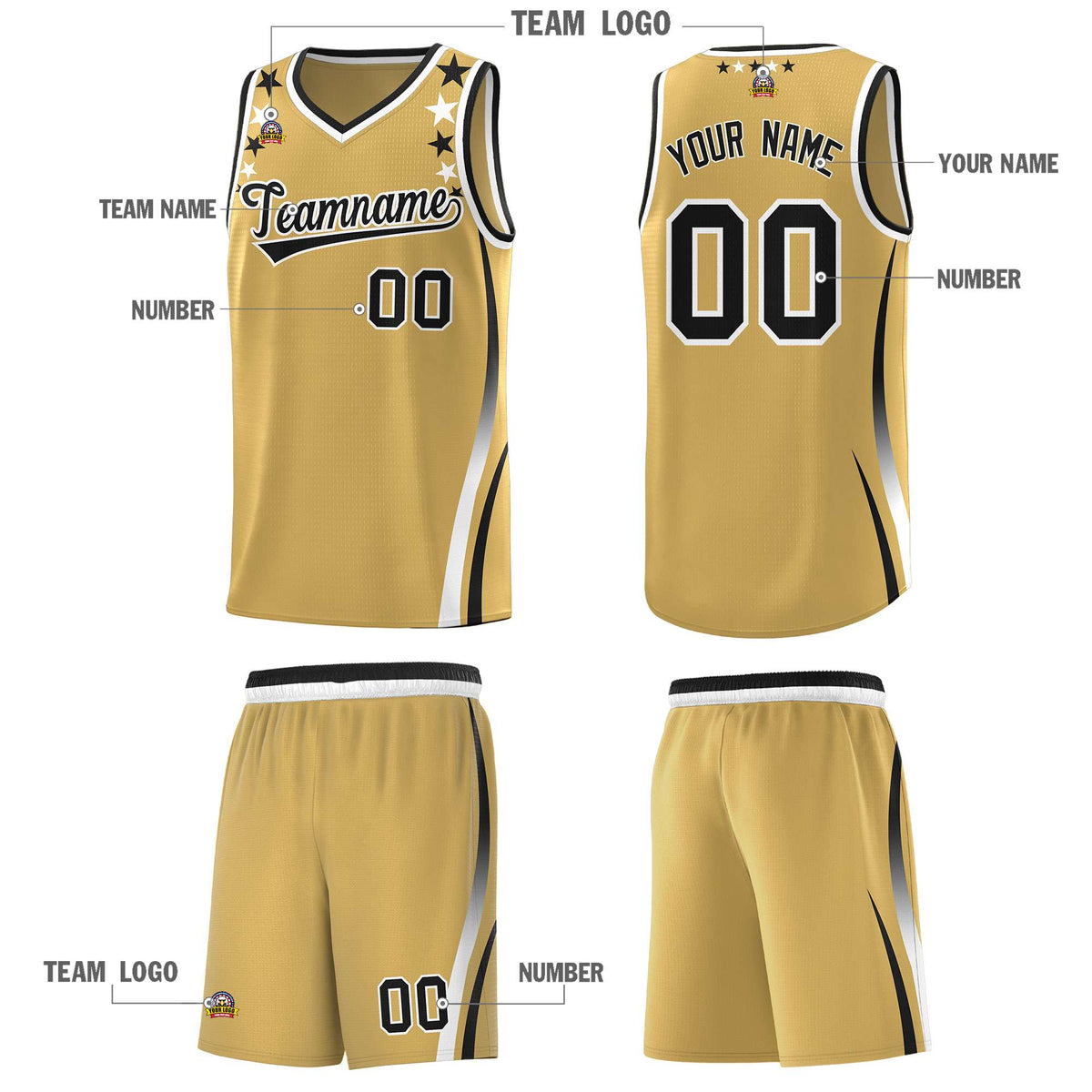 Custom Old Gold Shoulders Star Pattern Side Color Block Sports Uniform Basketball Jersey