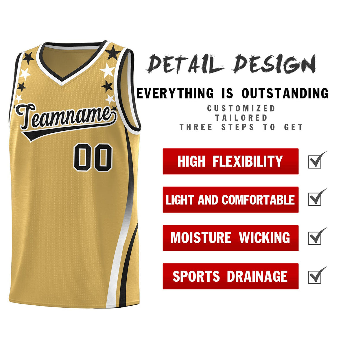 Custom Old Gold Shoulders Star Pattern Side Color Block Sports Uniform Basketball Jersey