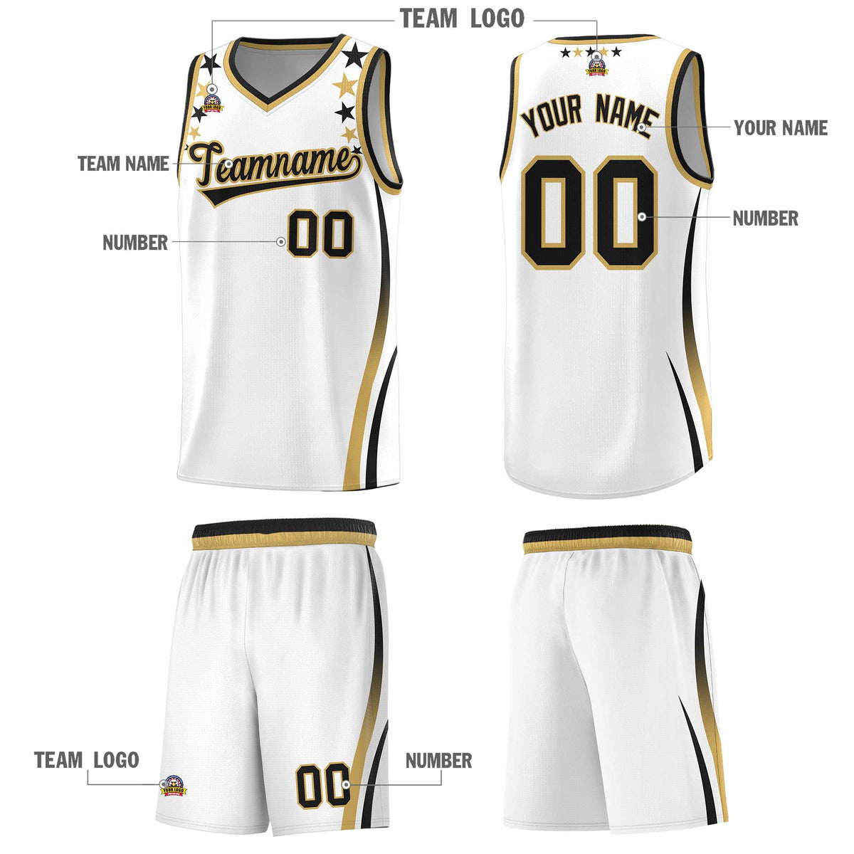 Custom White Shoulders Star Pattern Side Color Block Sports Uniform Basketball Jersey