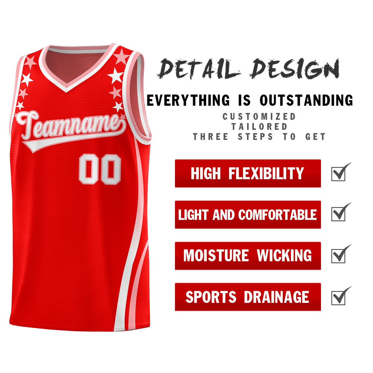 Custom Red Shoulders Star Pattern Side Color Block Sports Uniform Basketball Jersey