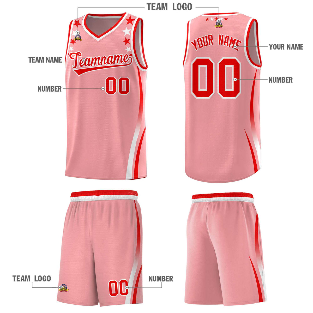 Custom Pink Shoulders Star Pattern Side Color Block Sports Uniform Basketball Jersey