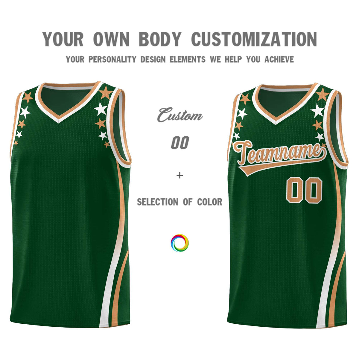 Custom Green Shoulders Star Pattern Side Color Block Sports Uniform Basketball Jersey