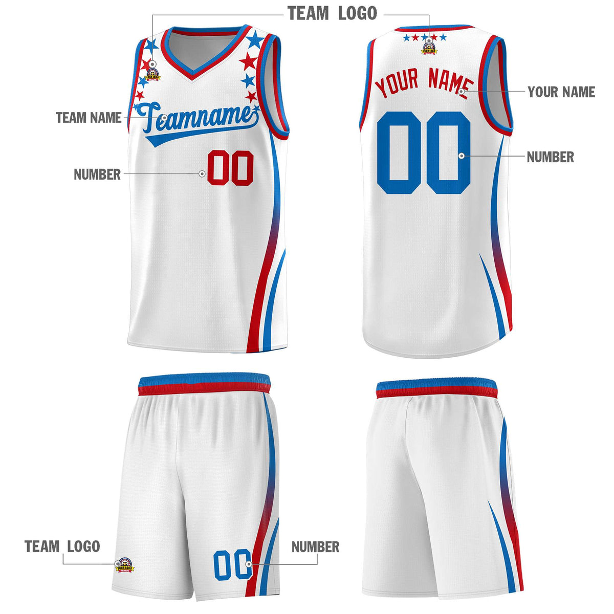 Custom White Shoulders Star Pattern Side Color Block Sports Uniform Basketball Jersey