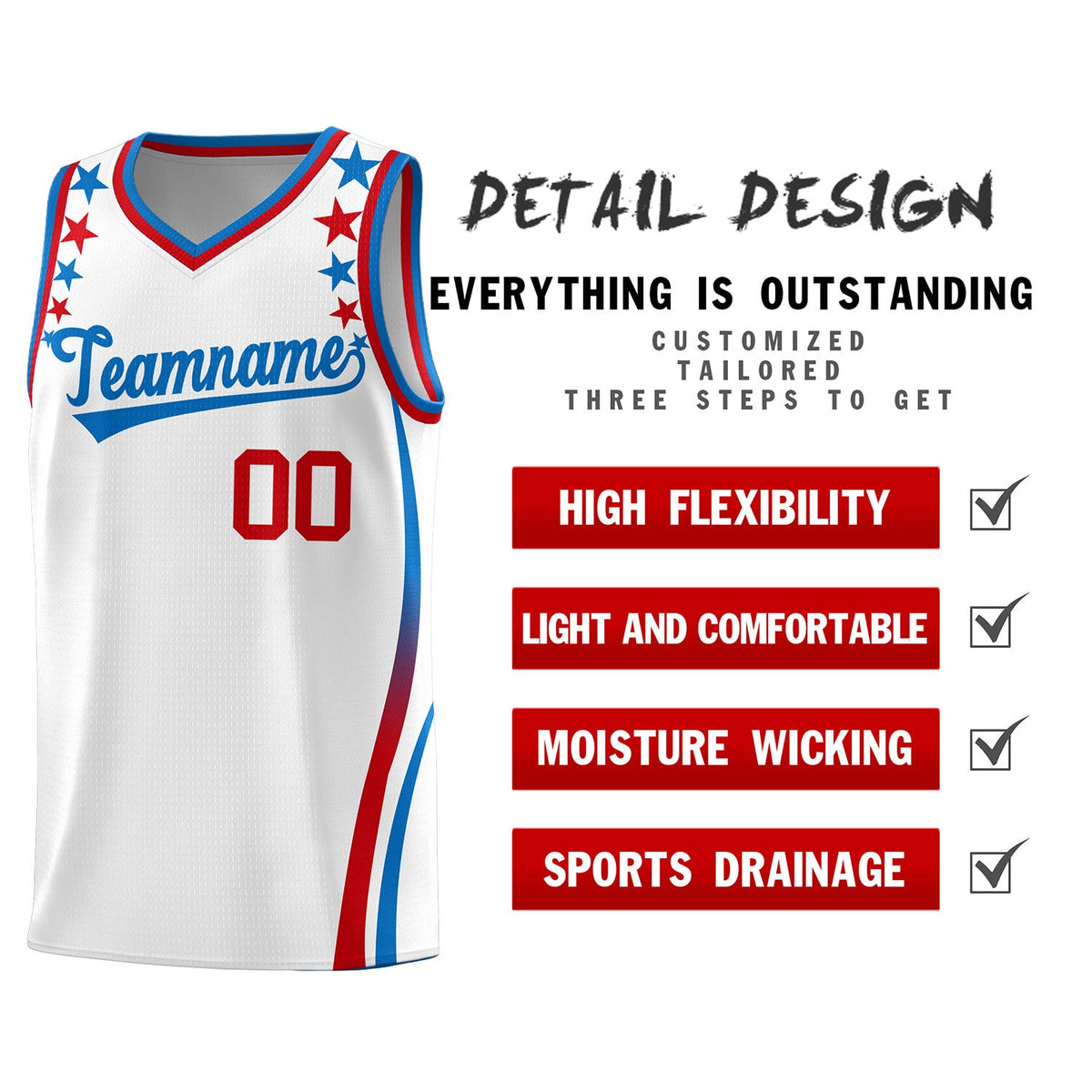 Custom White Shoulders Star Pattern Side Color Block Sports Uniform Basketball Jersey