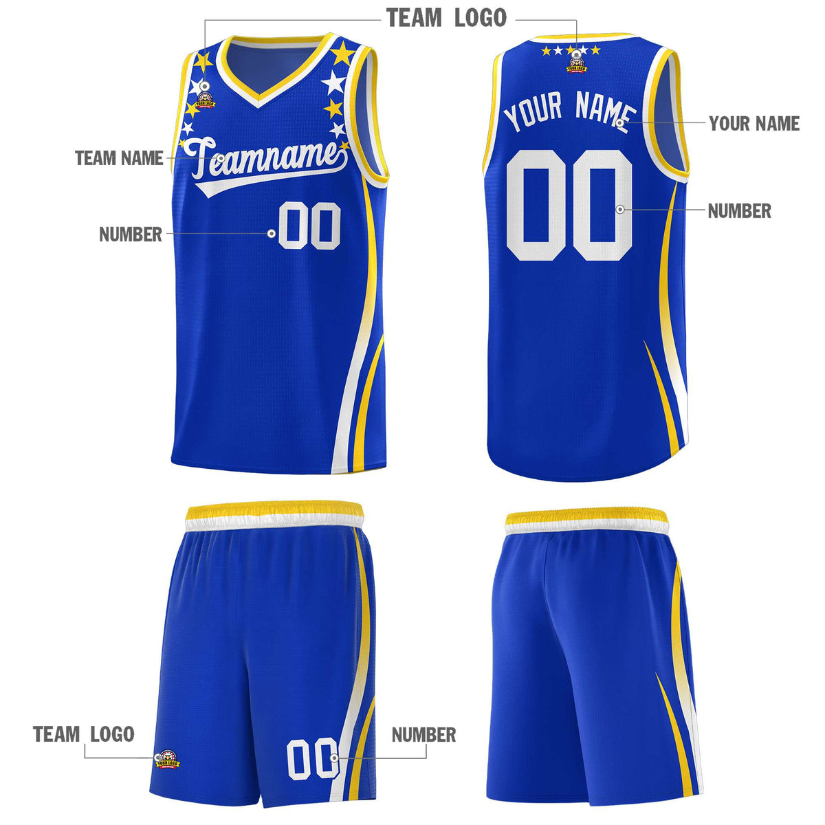 Custom Royal Shoulders Star Pattern Side Color Block Sports Uniform Basketball Jersey