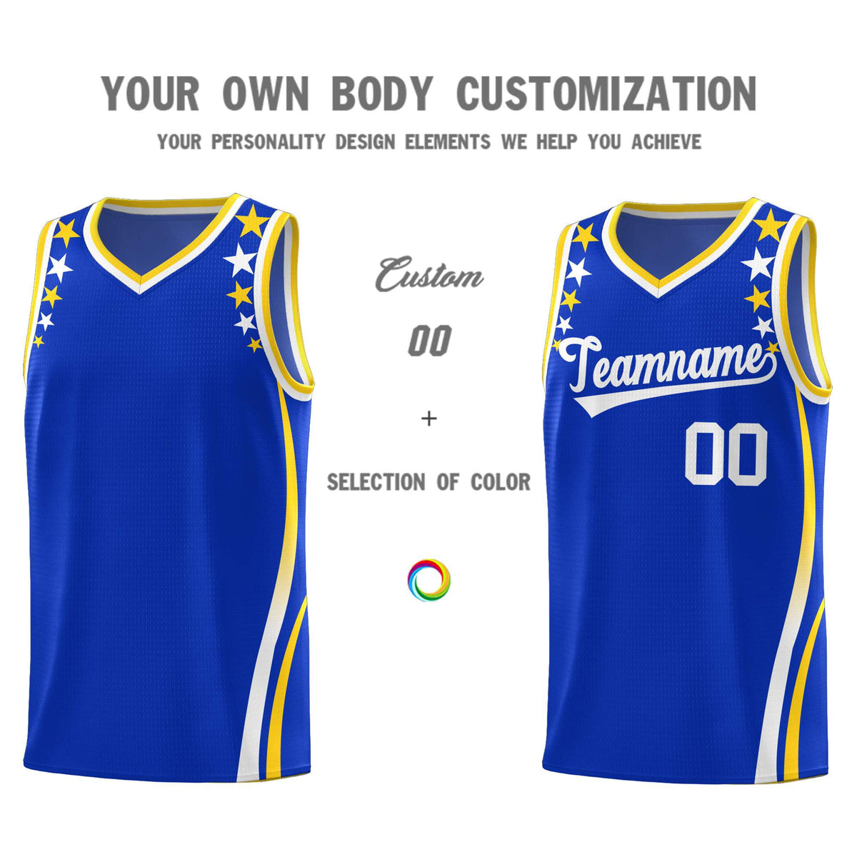 Custom Royal Shoulders Star Pattern Side Color Block Sports Uniform Basketball Jersey