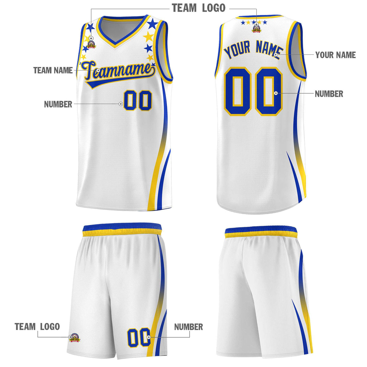 Custom White Shoulders Star Pattern Side Color Block Sports Uniform Basketball Jersey