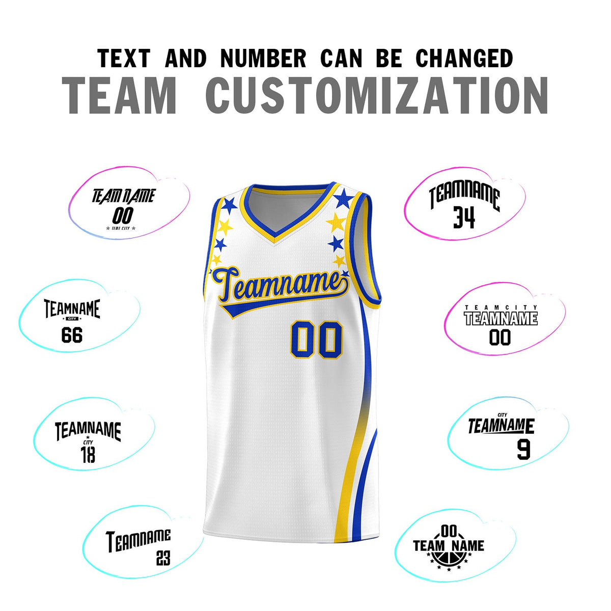 Custom White Shoulders Star Pattern Side Color Block Sports Uniform Basketball Jersey