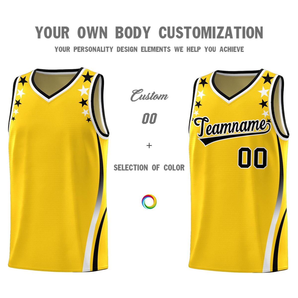 Custom Gold Shoulders Star Pattern Side Color Block Sports Uniform Basketball Jersey