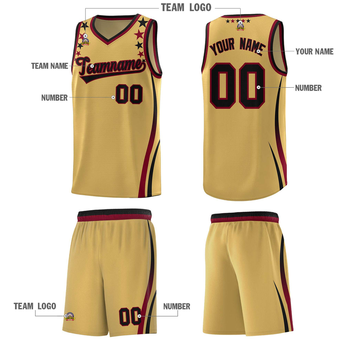 Custom Old Gold Shoulders Star Pattern Side Color Block Sports Uniform Basketball Jersey