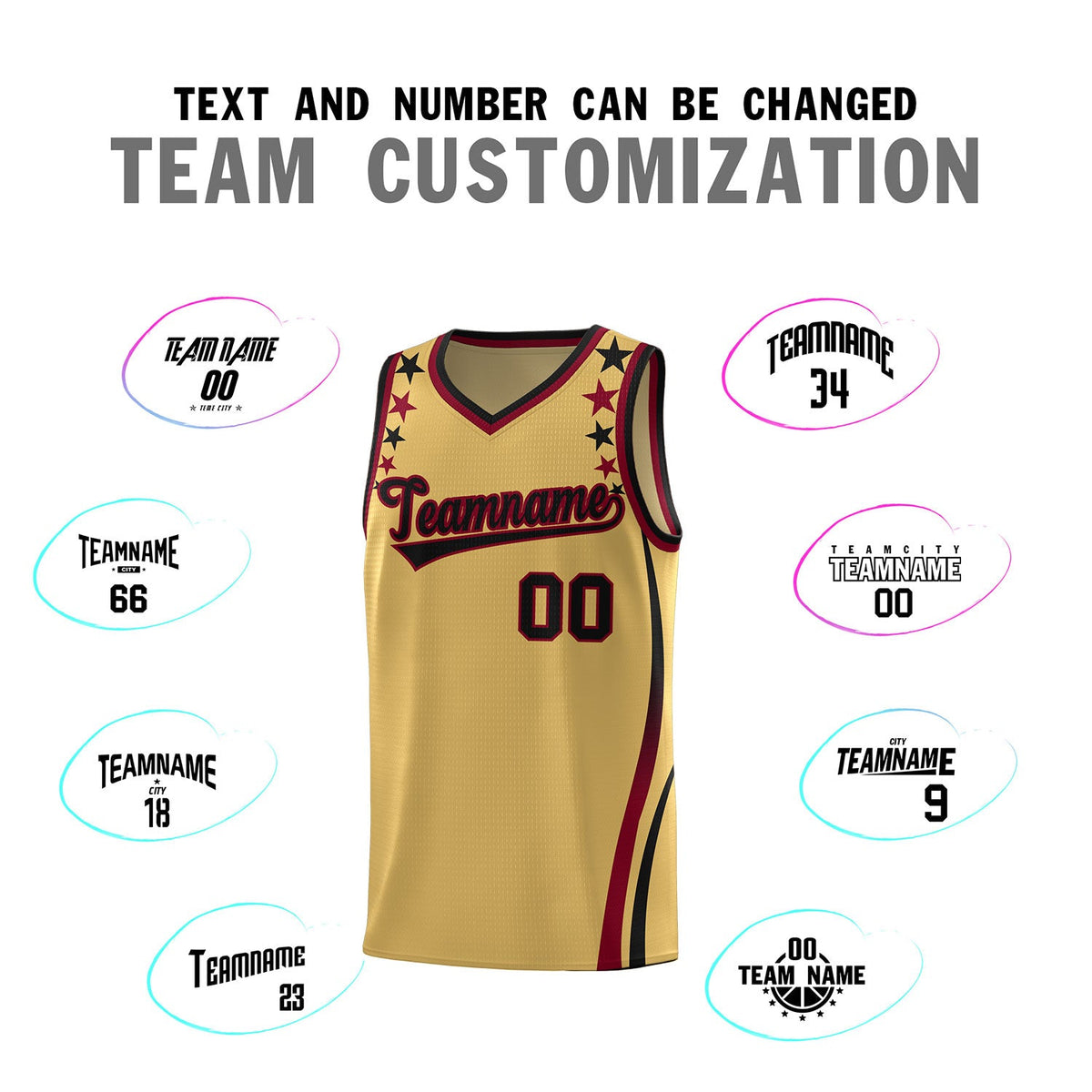 Custom Old Gold Shoulders Star Pattern Side Color Block Sports Uniform Basketball Jersey