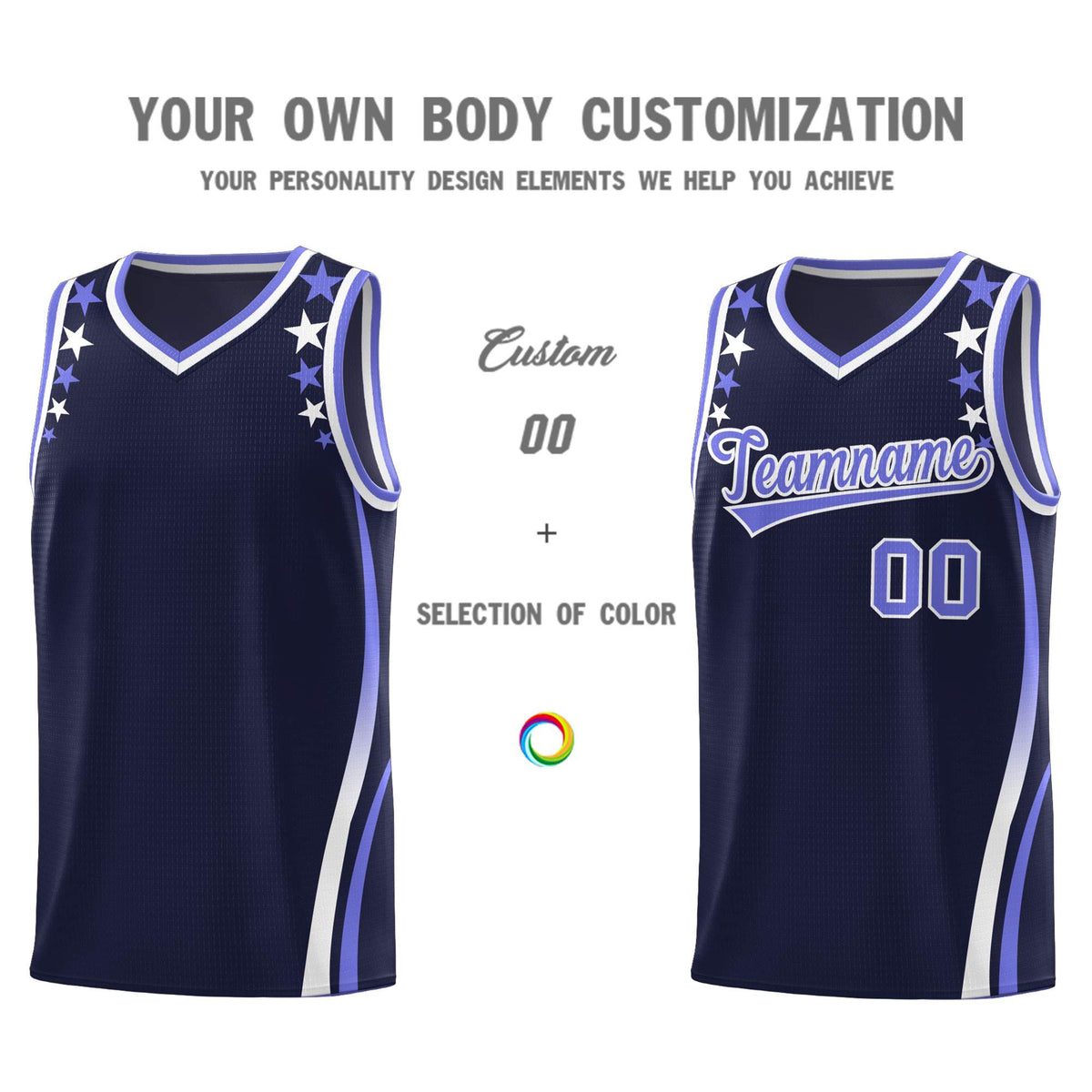 Custom Navy Shoulders Star Pattern Side Color Block Sports Uniform Basketball Jersey