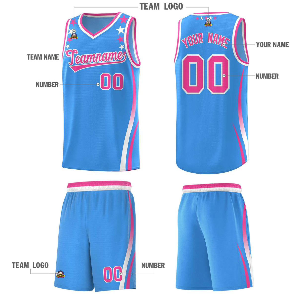 Custom Light Blue Shoulders Star Pattern Side Color Block Sports Uniform Basketball Jersey