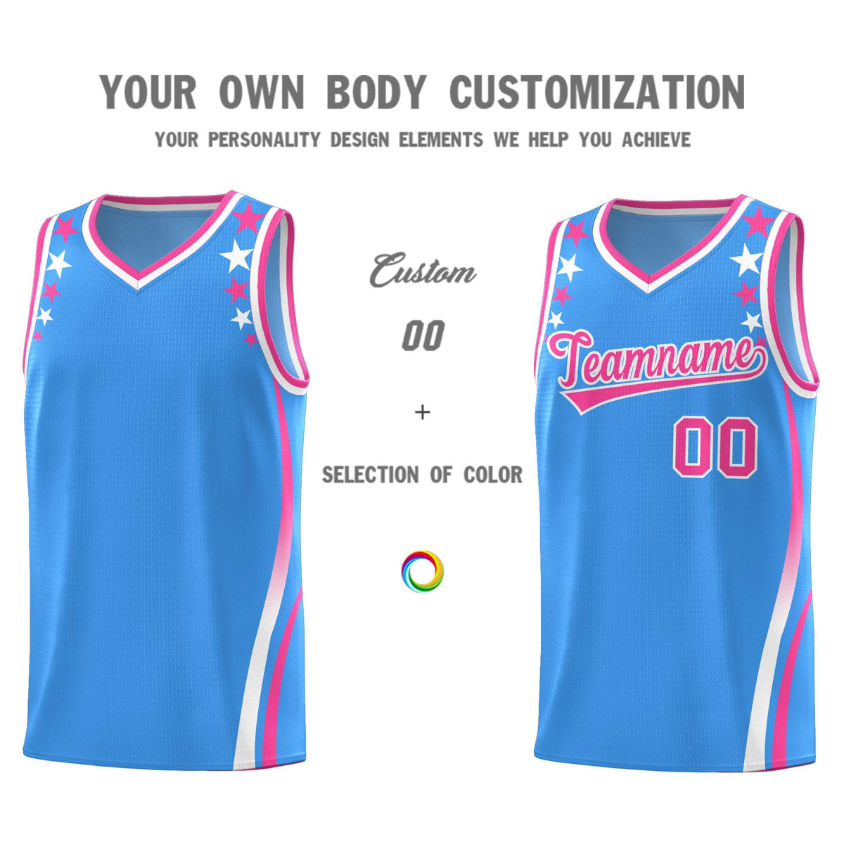 Custom Light Blue Shoulders Star Pattern Side Color Block Sports Uniform Basketball Jersey