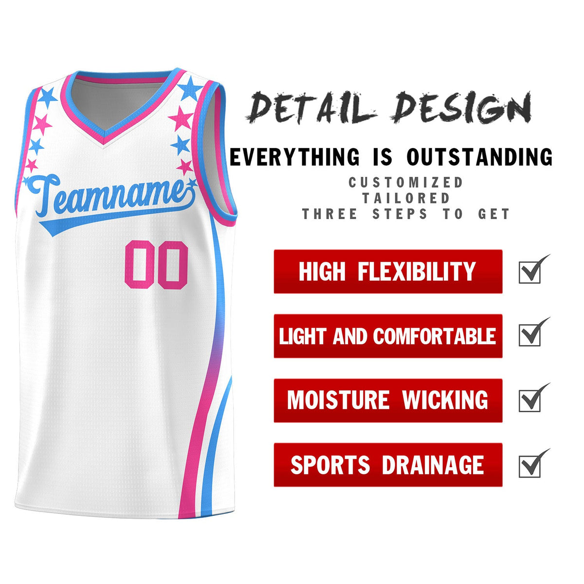 Custom White Shoulders Star Pattern Side Color Block Sports Uniform Basketball Jersey