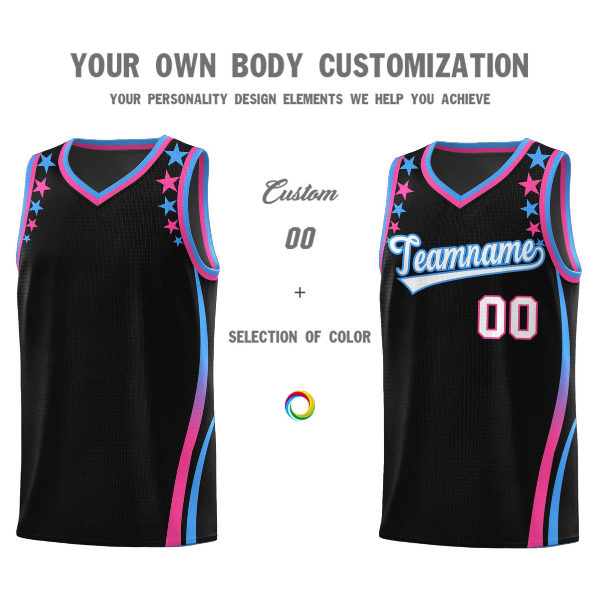 Custom Black Shoulders Star Pattern Side Color Block Sports Uniform Basketball Jersey