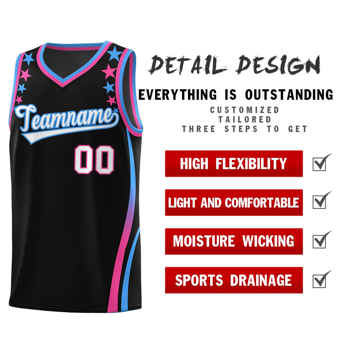 Custom Black Shoulders Star Pattern Side Color Block Sports Uniform Basketball Jersey