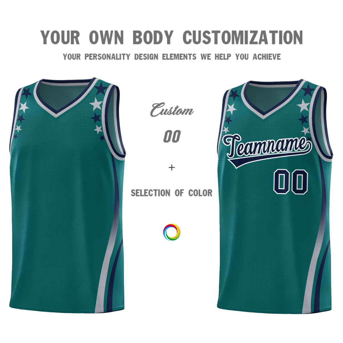 Custom Aqua Shoulders Star Pattern Side Color Block Sports Uniform Basketball Jersey