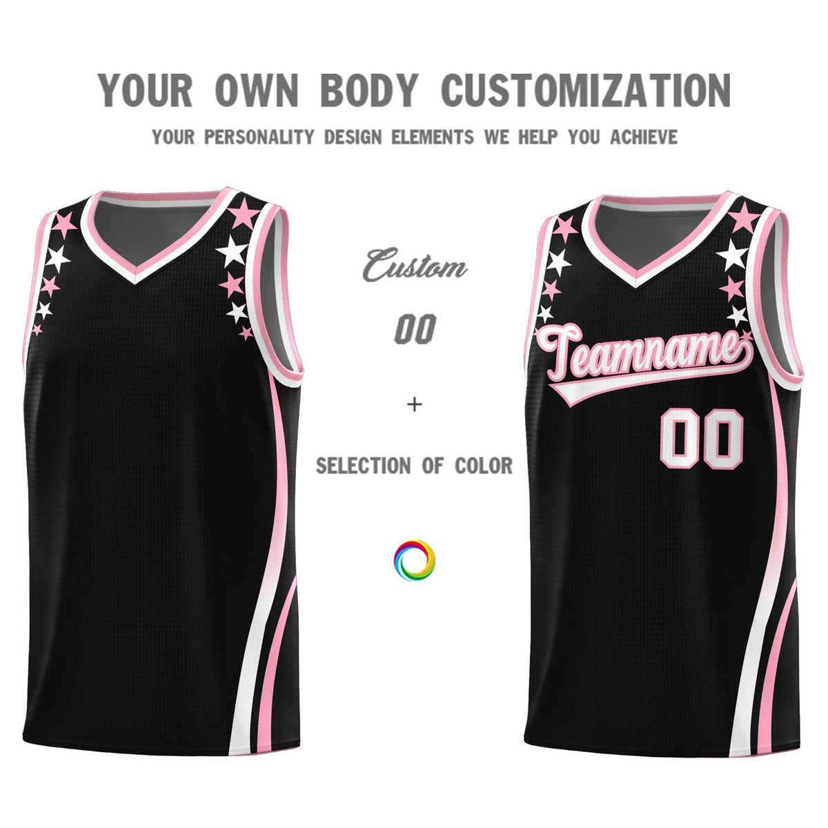 Custom Black Shoulders Star Pattern Side Color Block Sports Uniform Basketball Jersey
