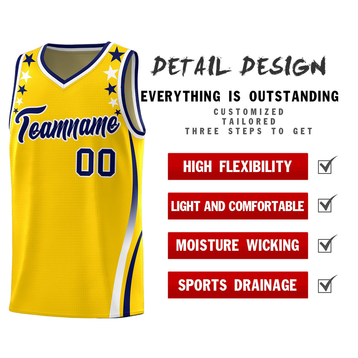 Custom Gold Shoulders Star Pattern Side Color Block Sports Uniform Basketball Jersey