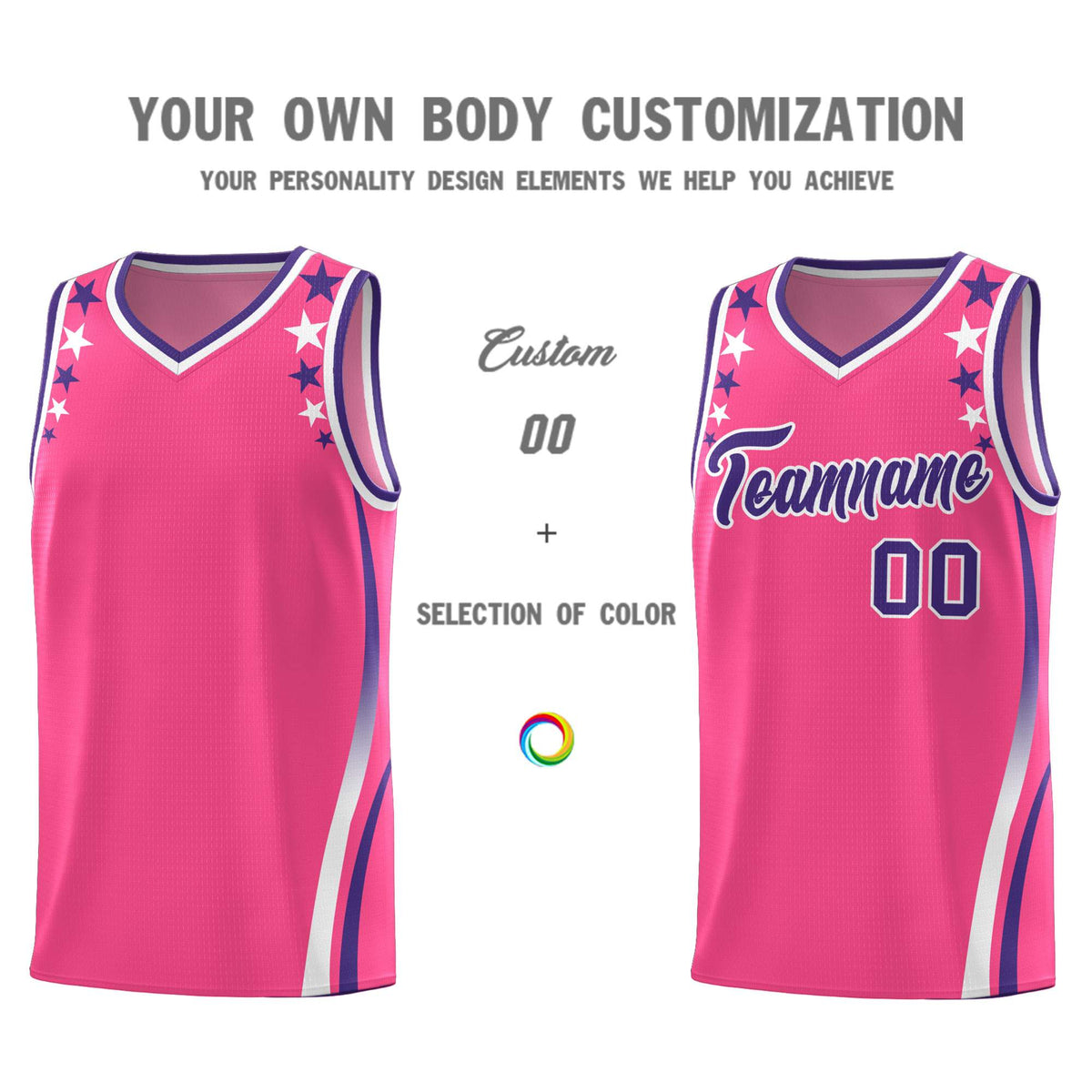 Custom Pink Shoulders Star Pattern Side Color Block Sports Uniform Basketball Jersey