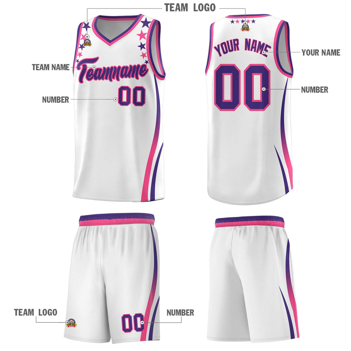Custom White Shoulders Star Pattern Side Color Block Sports Uniform Basketball Jersey