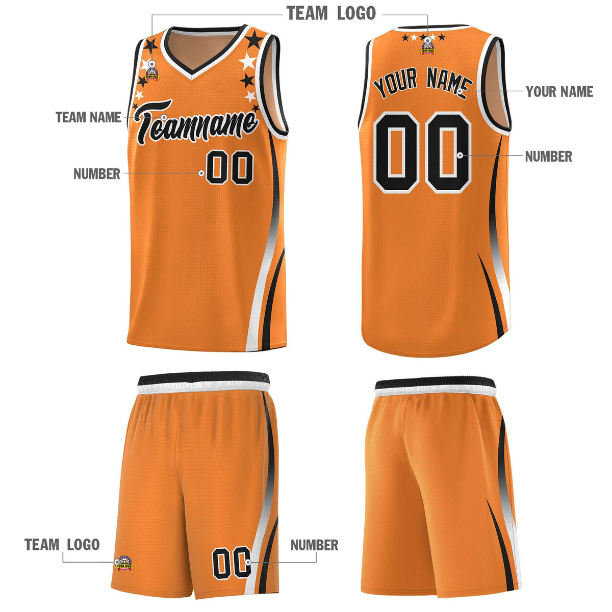 Custom Orange Shoulders Star Pattern Side Color Block Sports Uniform Basketball Jersey