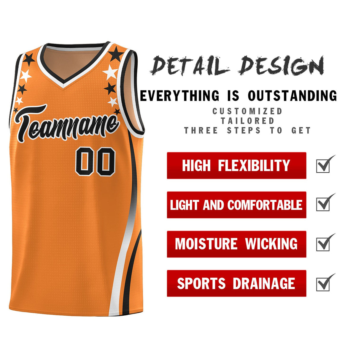 Custom Orange Shoulders Star Pattern Side Color Block Sports Uniform Basketball Jersey