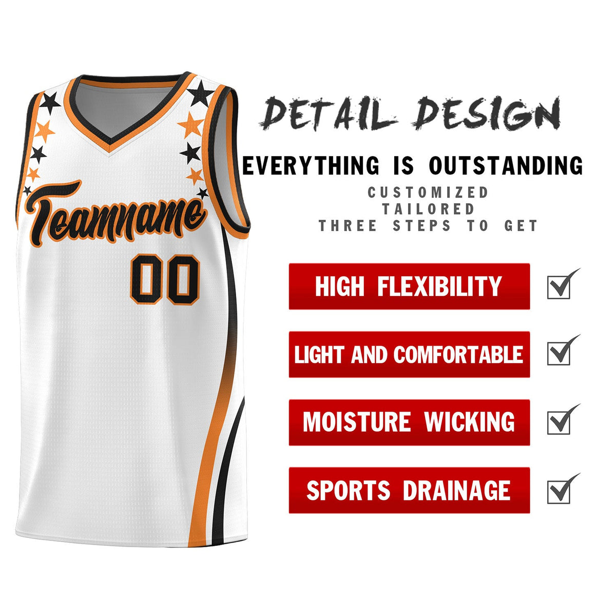 Custom White Shoulders Star Pattern Side Color Block Sports Uniform Basketball Jersey