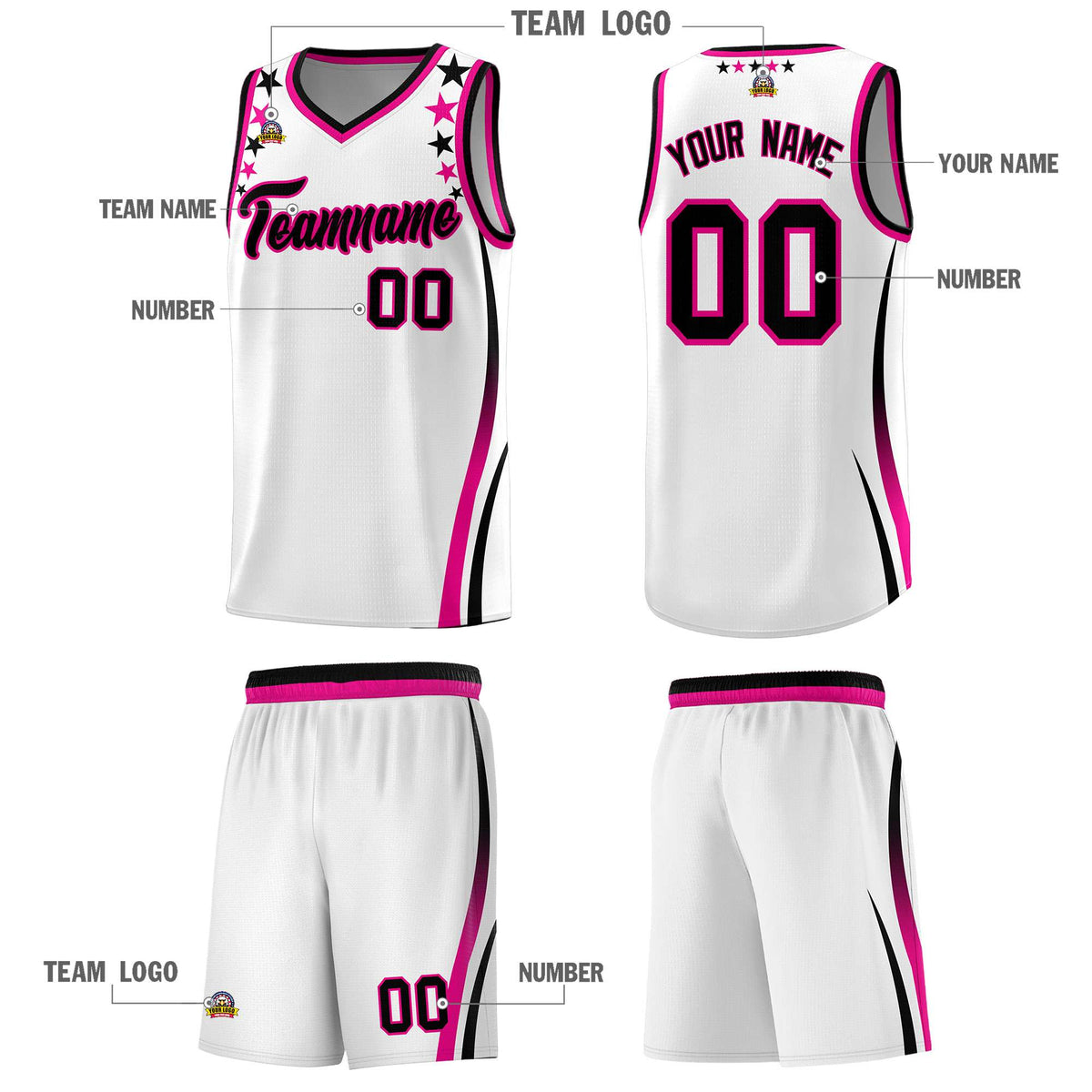Custom White Shoulders Star Pattern Side Color Block Sports Uniform Basketball Jersey