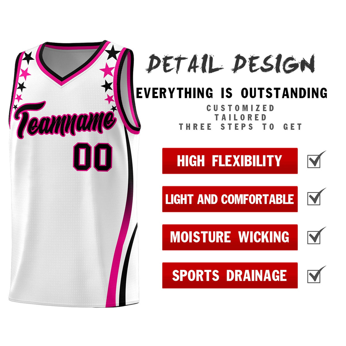 Custom White Shoulders Star Pattern Side Color Block Sports Uniform Basketball Jersey