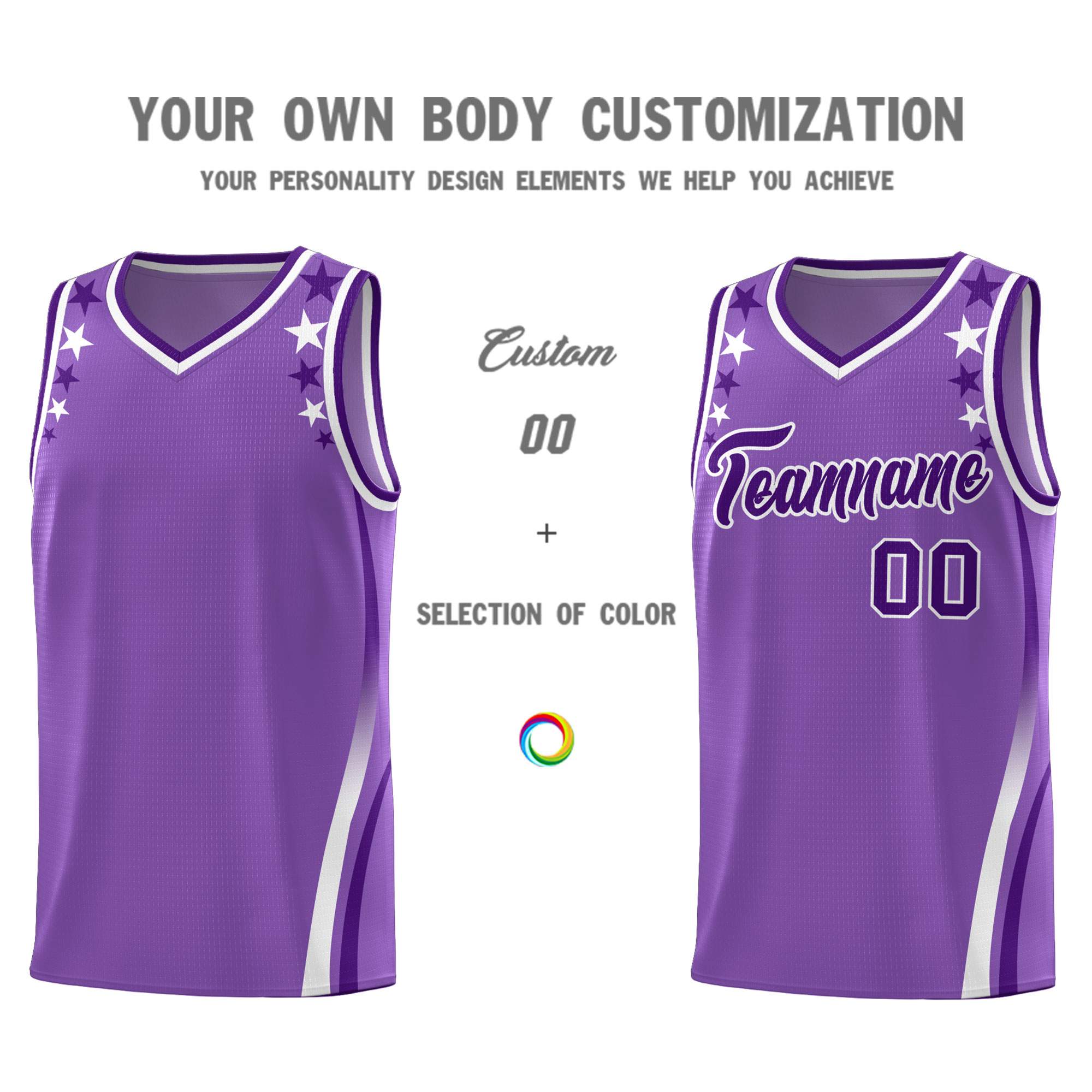 Custom Light Purple Shoulders Star Pattern Side Color Block Sports Uniform Basketball Jersey