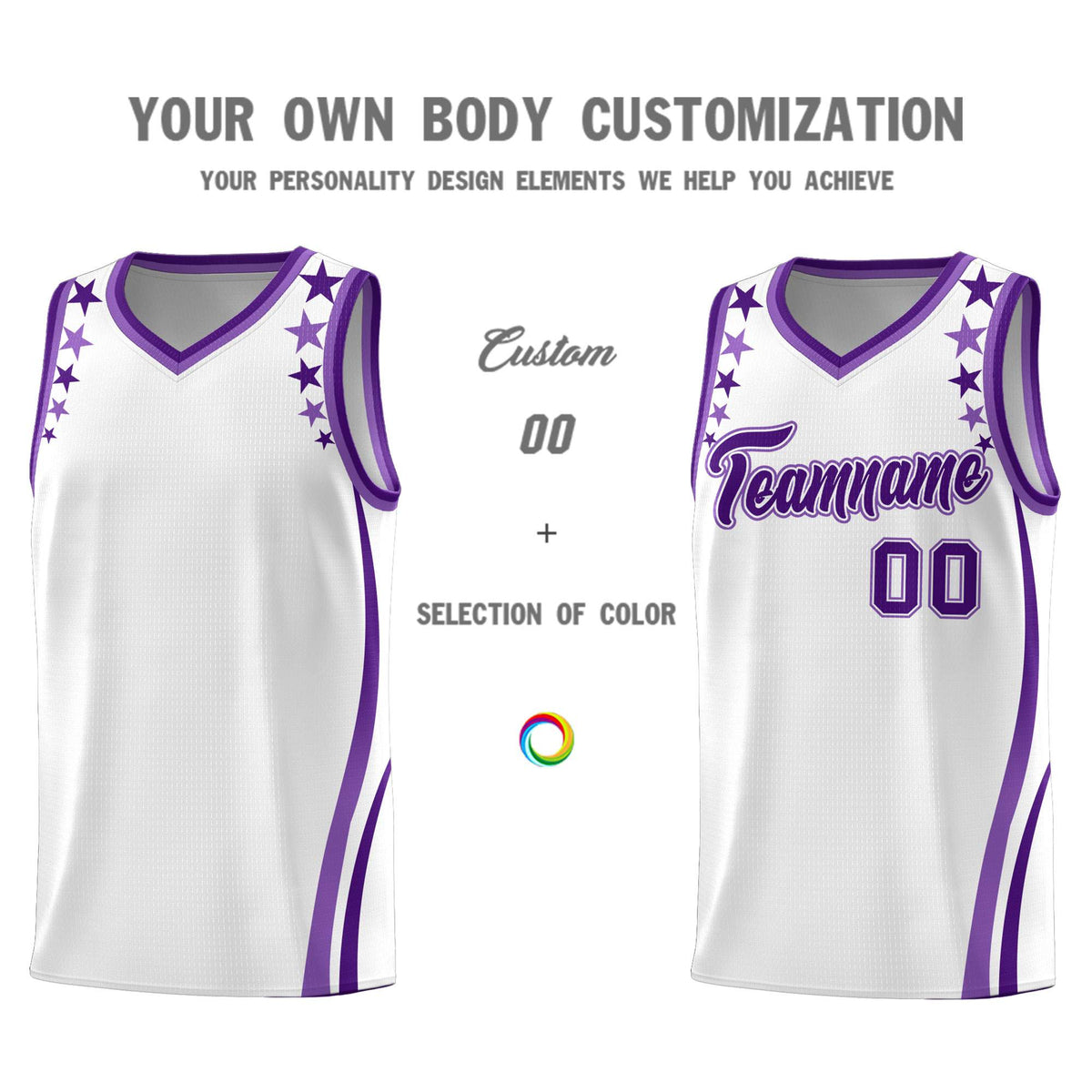 Custom White Shoulders Star Pattern Side Color Block Sports Uniform Basketball Jersey