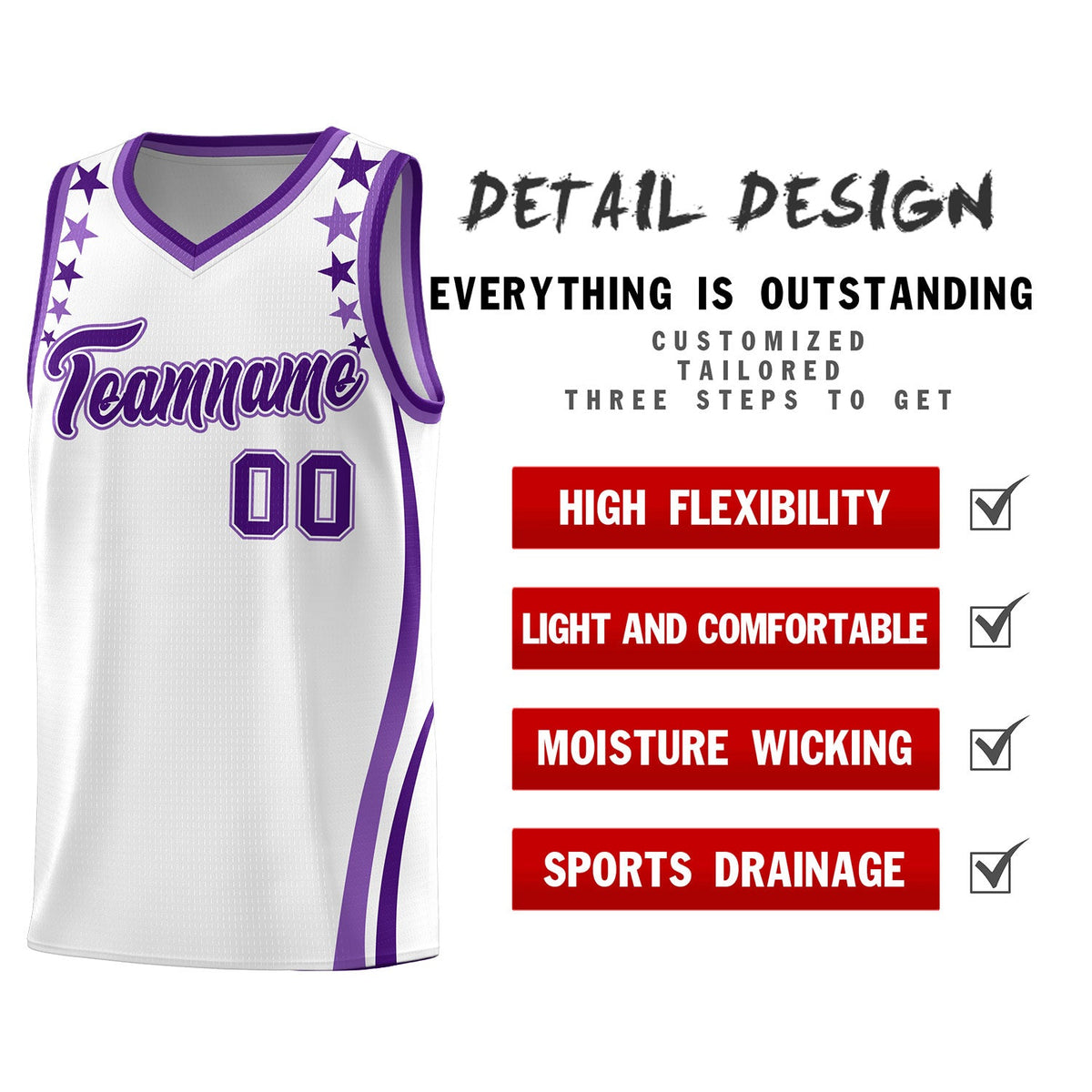 Custom White Shoulders Star Pattern Side Color Block Sports Uniform Basketball Jersey