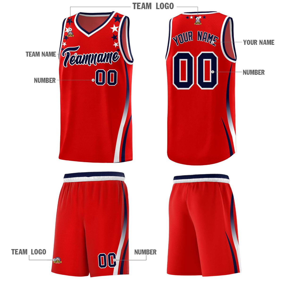 Custom Red Shoulders Star Pattern Side Color Block Sports Uniform Basketball Jersey