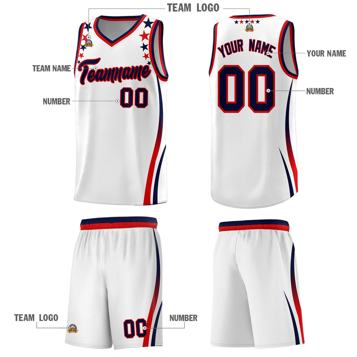 Custom White Shoulders Star Pattern Side Color Block Sports Uniform Basketball Jersey