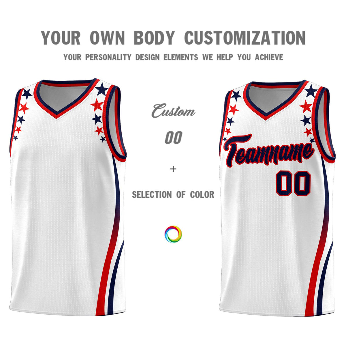 Custom White Shoulders Star Pattern Side Color Block Sports Uniform Basketball Jersey
