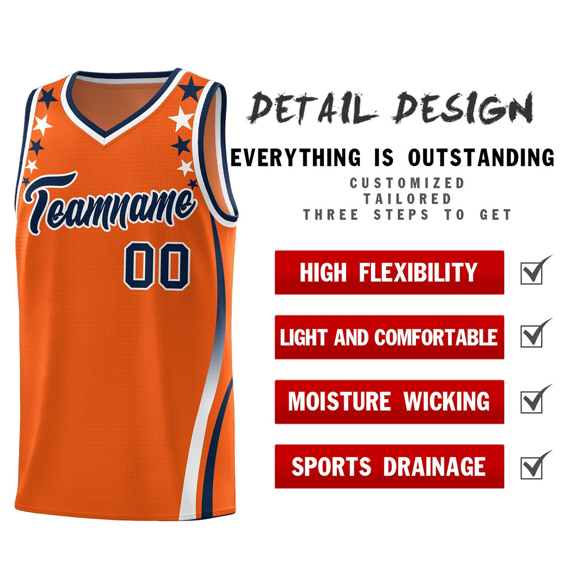 Custom Orange Shoulders Star Pattern Side Color Block Sports Uniform Basketball Jersey
