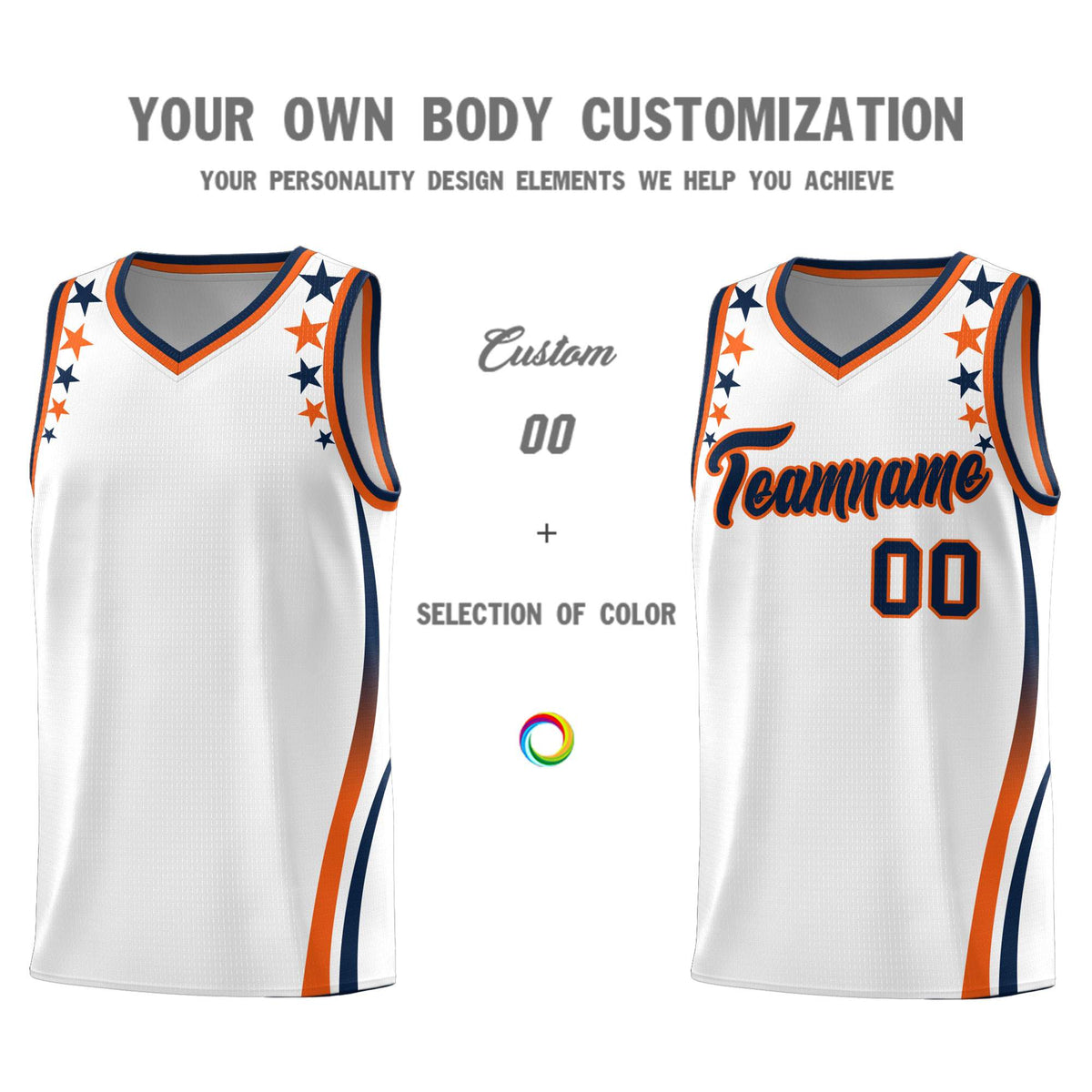 Custom White Shoulders Star Pattern Side Color Block Sports Uniform Basketball Jersey