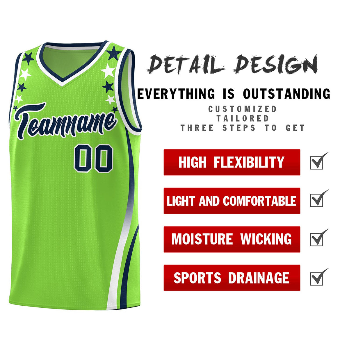 Custom Neon Green Shoulders Star Pattern Side Color Block Sports Uniform Basketball Jersey