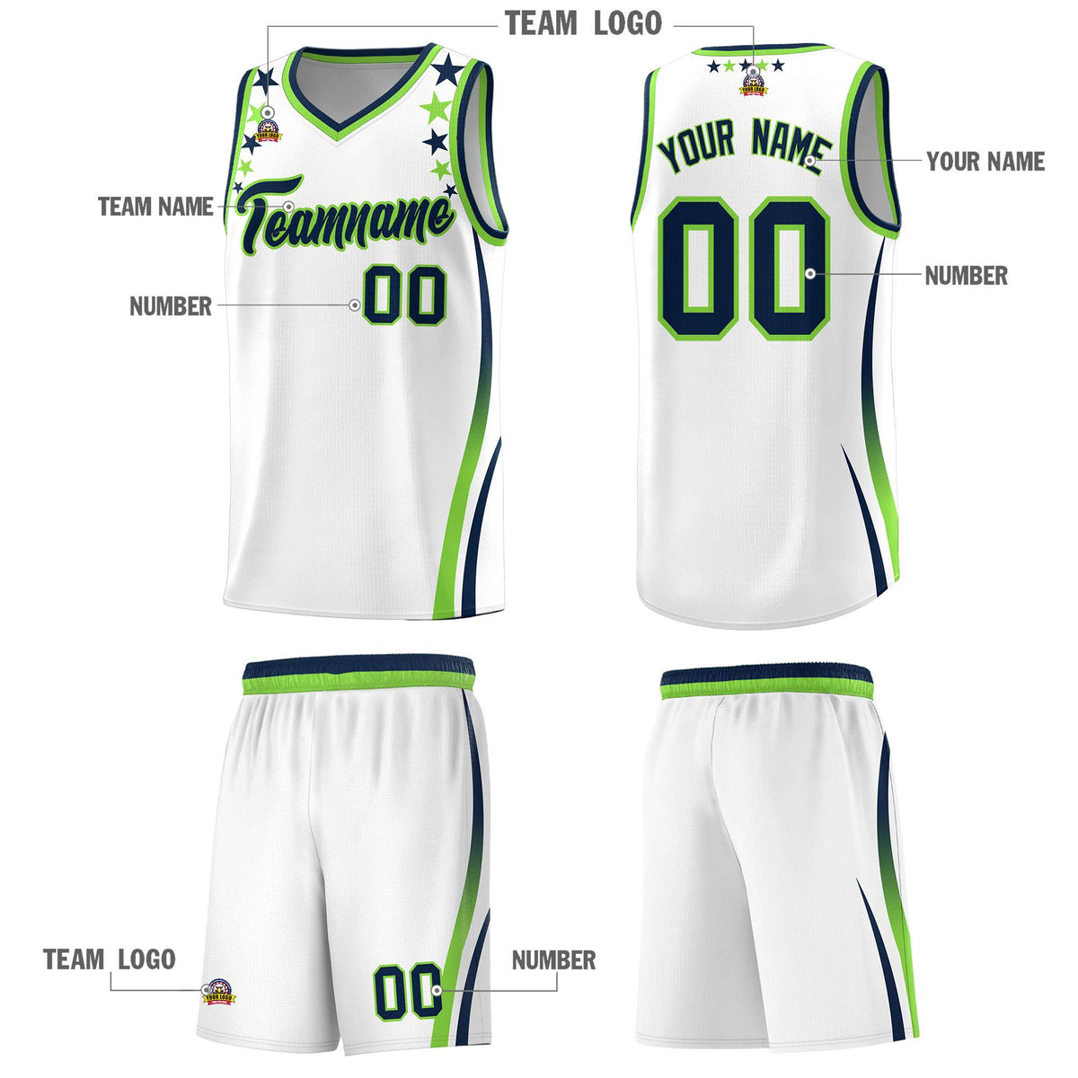 Custom White Shoulders Star Pattern Side Color Block Sports Uniform Basketball Jersey