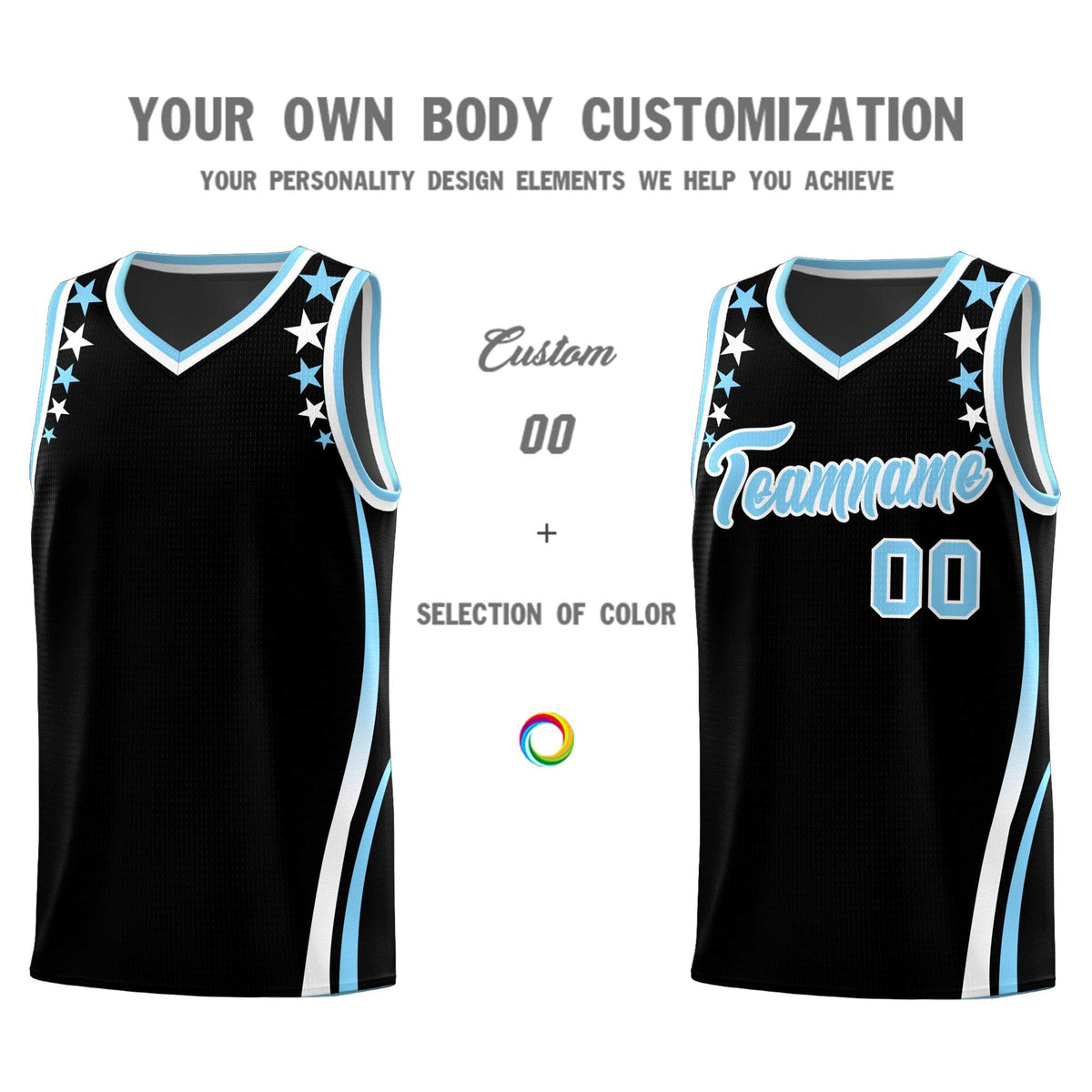 Custom Black Shoulders Star Pattern Side Color Block Sports Uniform Basketball Jersey