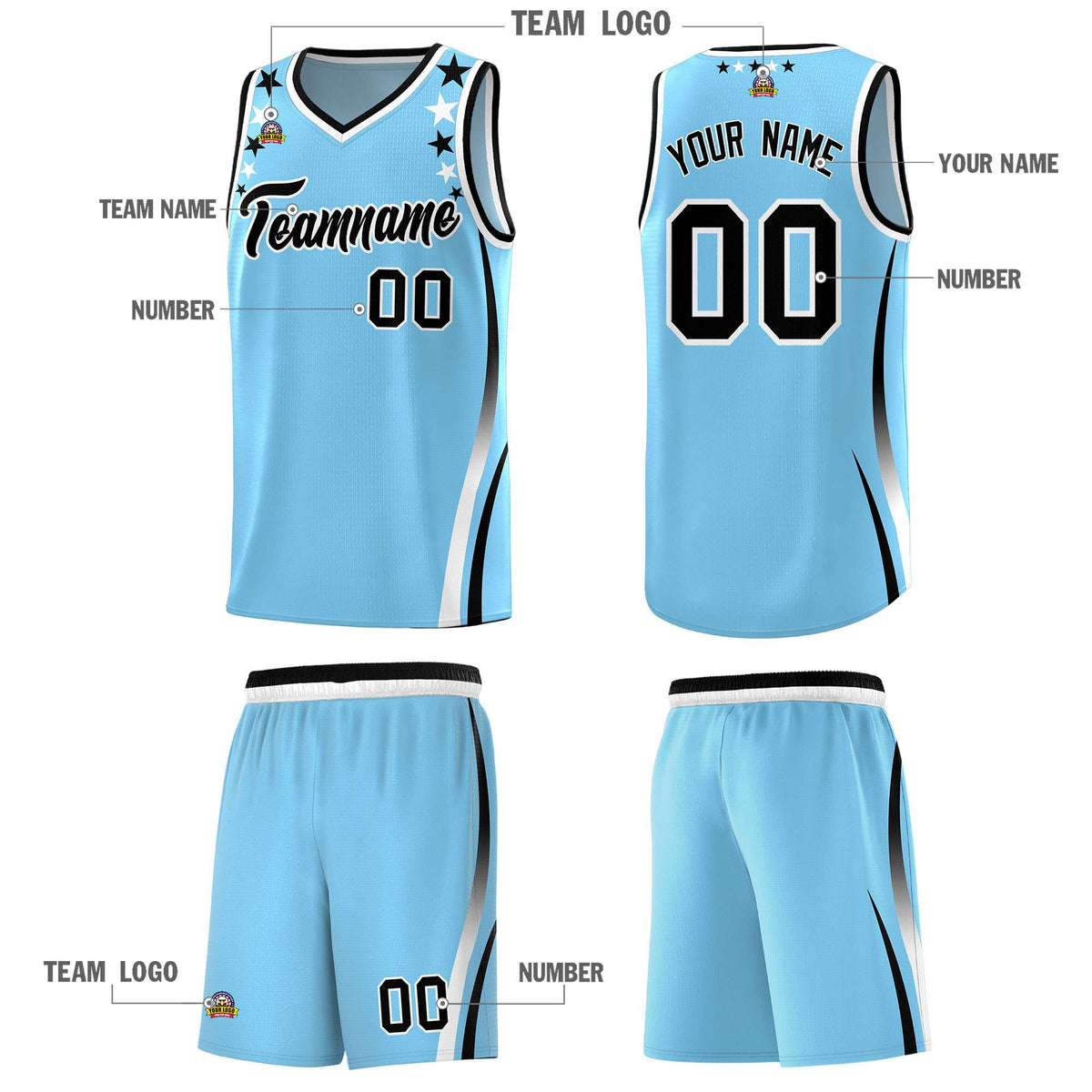 Custom Light Blue Shoulders Star Pattern Side Color Block Sports Uniform Basketball Jersey