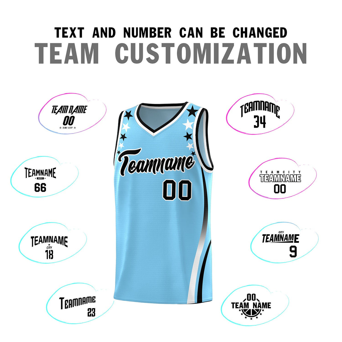 Custom Light Blue Shoulders Star Pattern Side Color Block Sports Uniform Basketball Jersey
