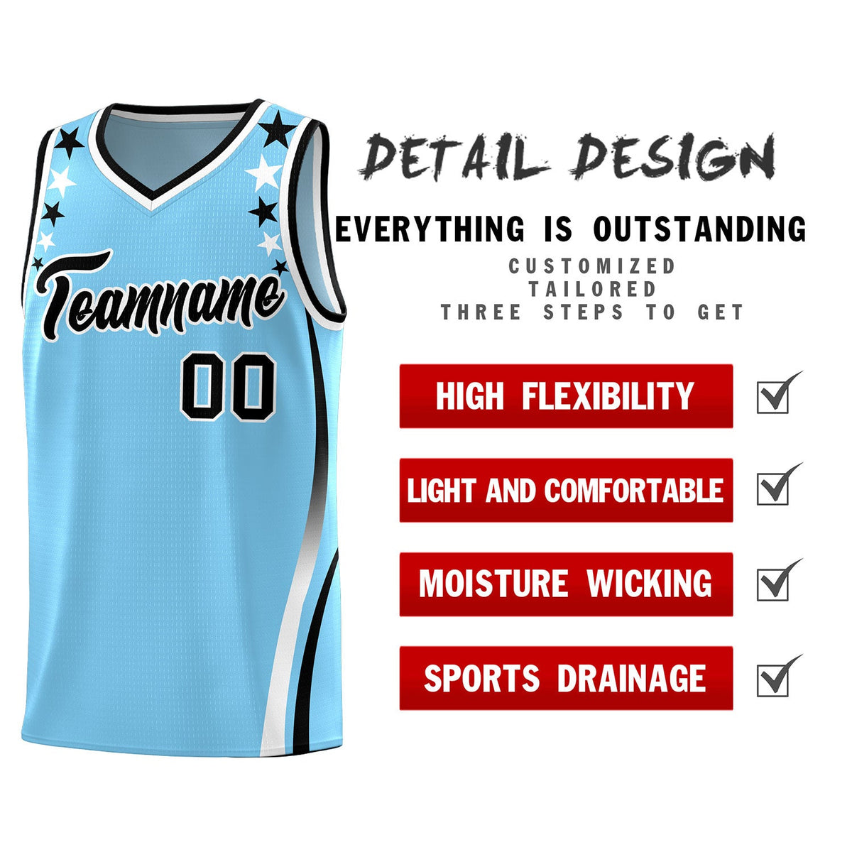 Custom Light Blue Shoulders Star Pattern Side Color Block Sports Uniform Basketball Jersey