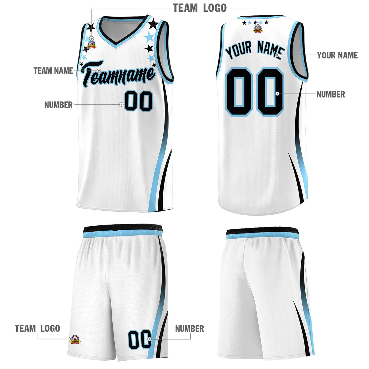 Custom White Shoulders Star Pattern Side Color Block Sports Uniform Basketball Jersey