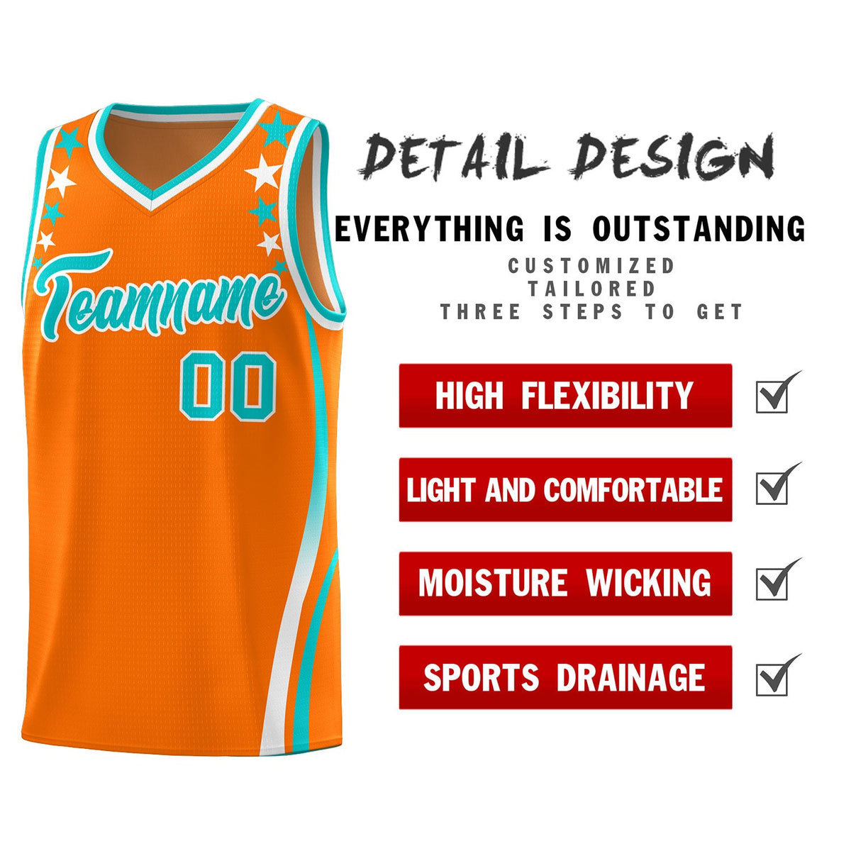 Custom Orange Shoulders Star Pattern Side Color Block Sports Uniform Basketball Jersey