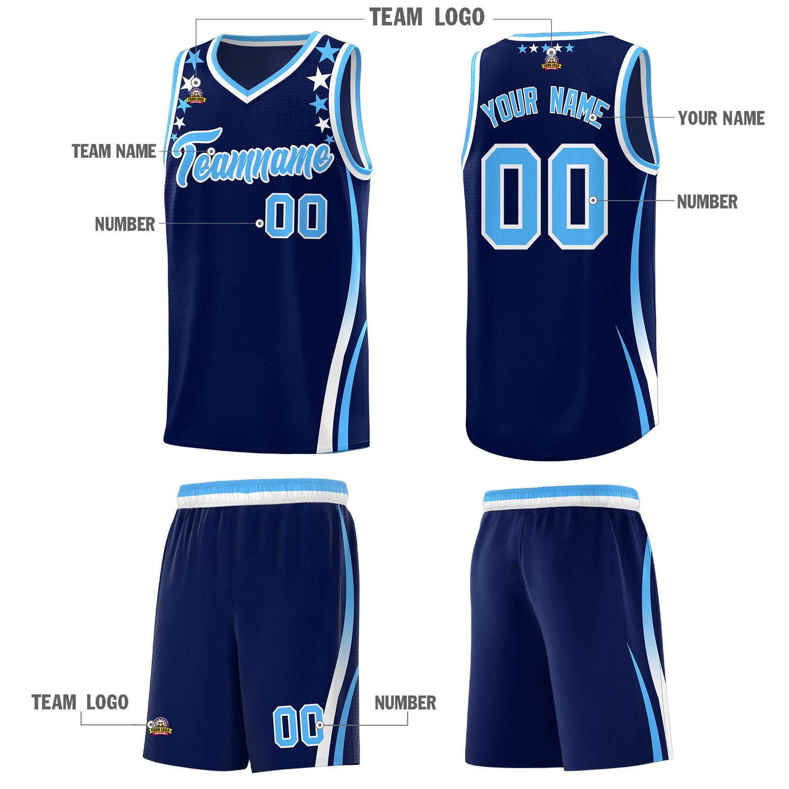 Custom Navy Shoulders Star Pattern Side Color Block Sports Uniform Basketball Jersey