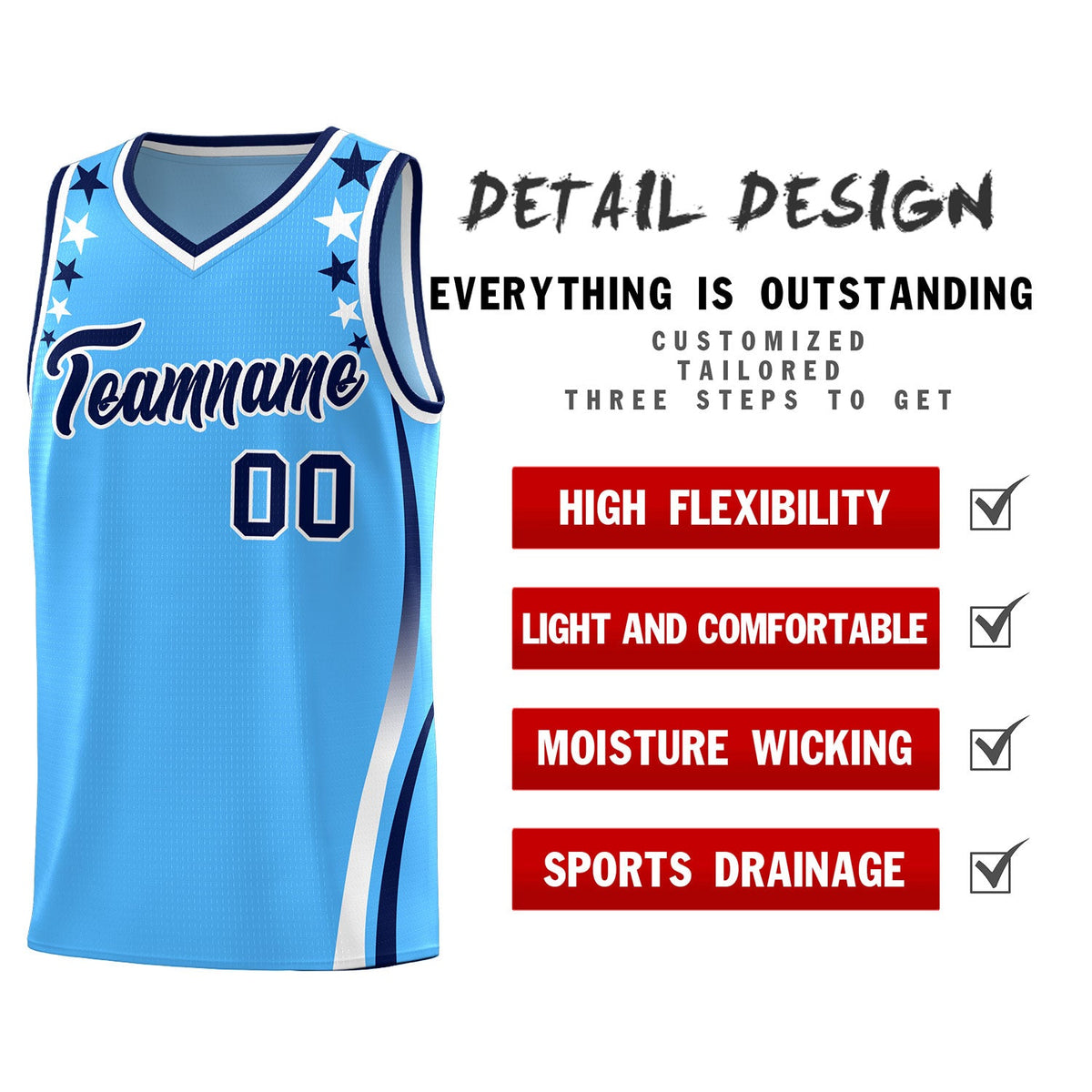 Custom Light Blue Shoulders Star Pattern Side Color Block Sports Uniform Basketball Jersey
